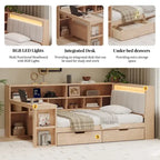 Canapé-lit d'angle en bois en forme de L avec bureau, bibliothèque, lit d'angle avec tiroirs de rangement, tête de lit rembourrée et éclairage intégré