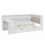 Canapé-lit d'angle en bois en forme de L avec bureau, bibliothèque, lit d'angle avec tiroirs de rangement, tête de lit rembourrée et éclairage intégré