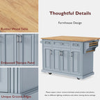 54 Grand îlot de cuisine avec plateau rabattable en bois d'hévéa, chariot de cuisine roulant à texture gaufrée sur 4 roues avec 4 portes et 3 tiroirs