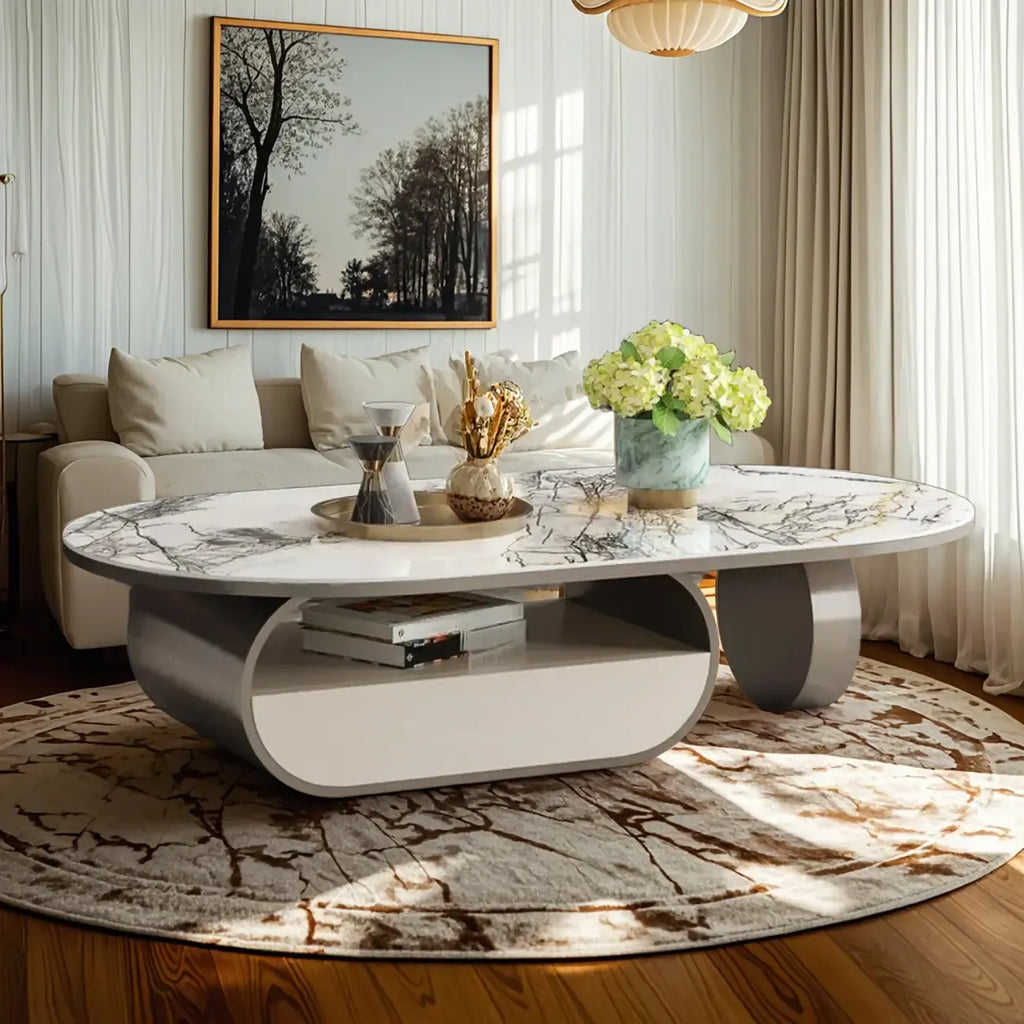 Table basse ovale contemporaine unique avec plateau en marbre et tiroir