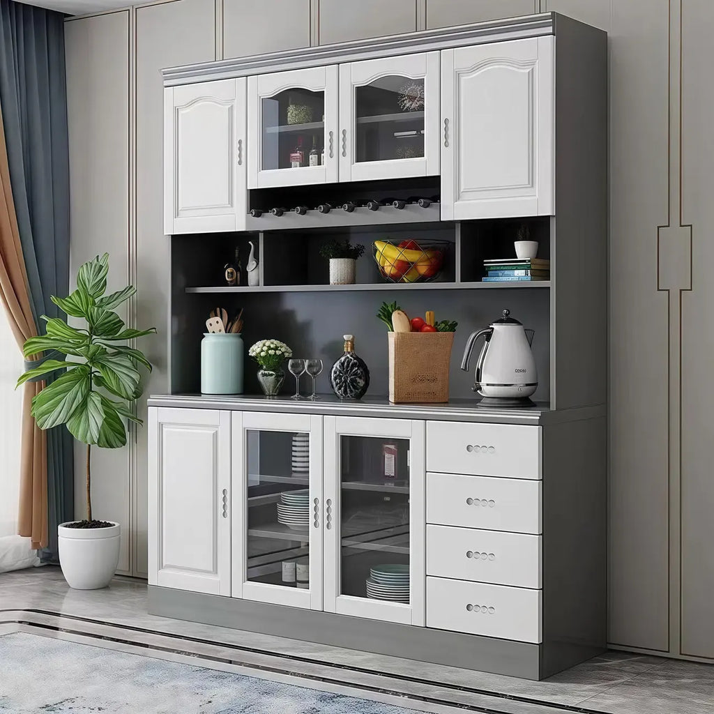 Buffet de cuisine en bois blanc avec casier à vin intégré