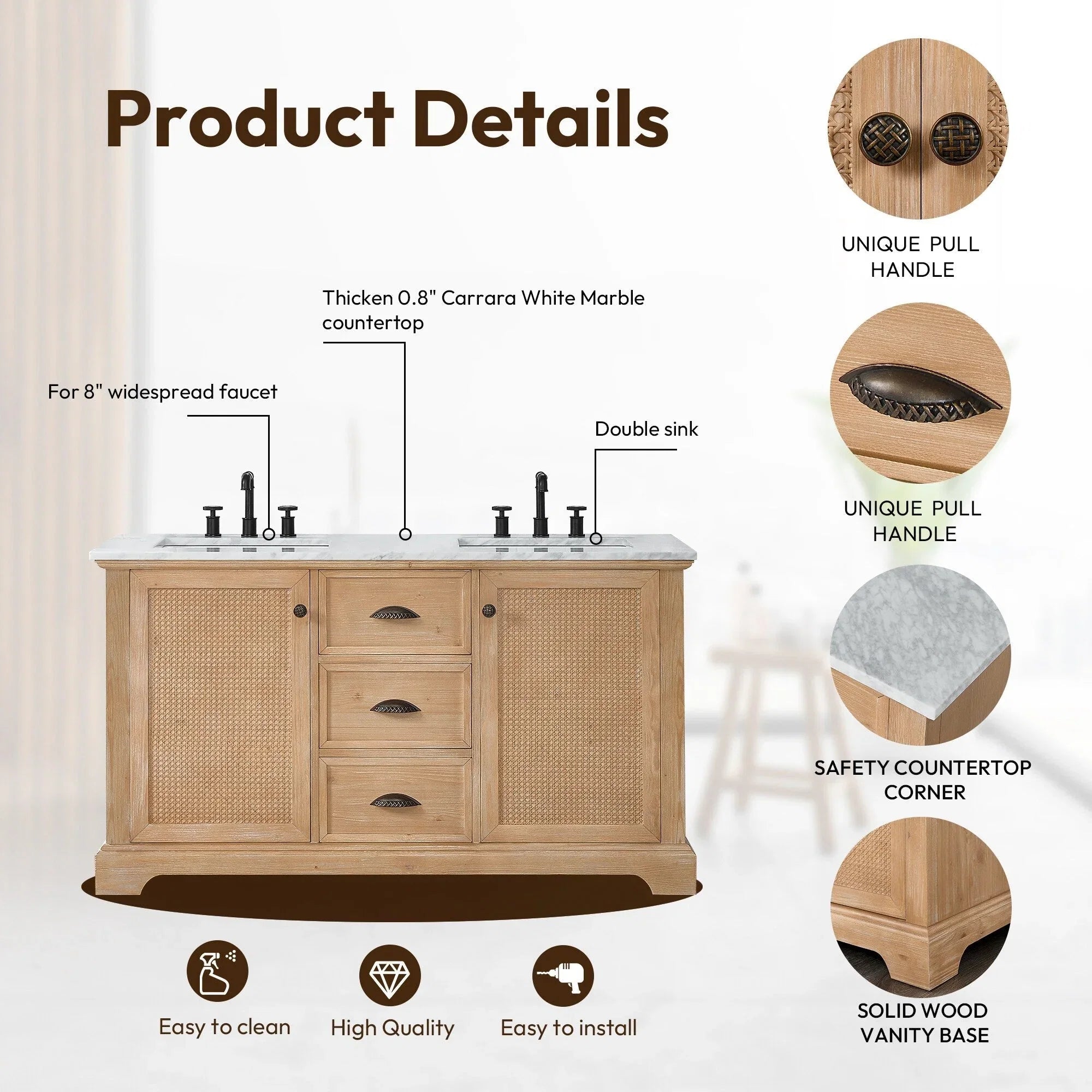 Meuble sous-vasque Hervas avec plateau en marbre naturel, sans miroir