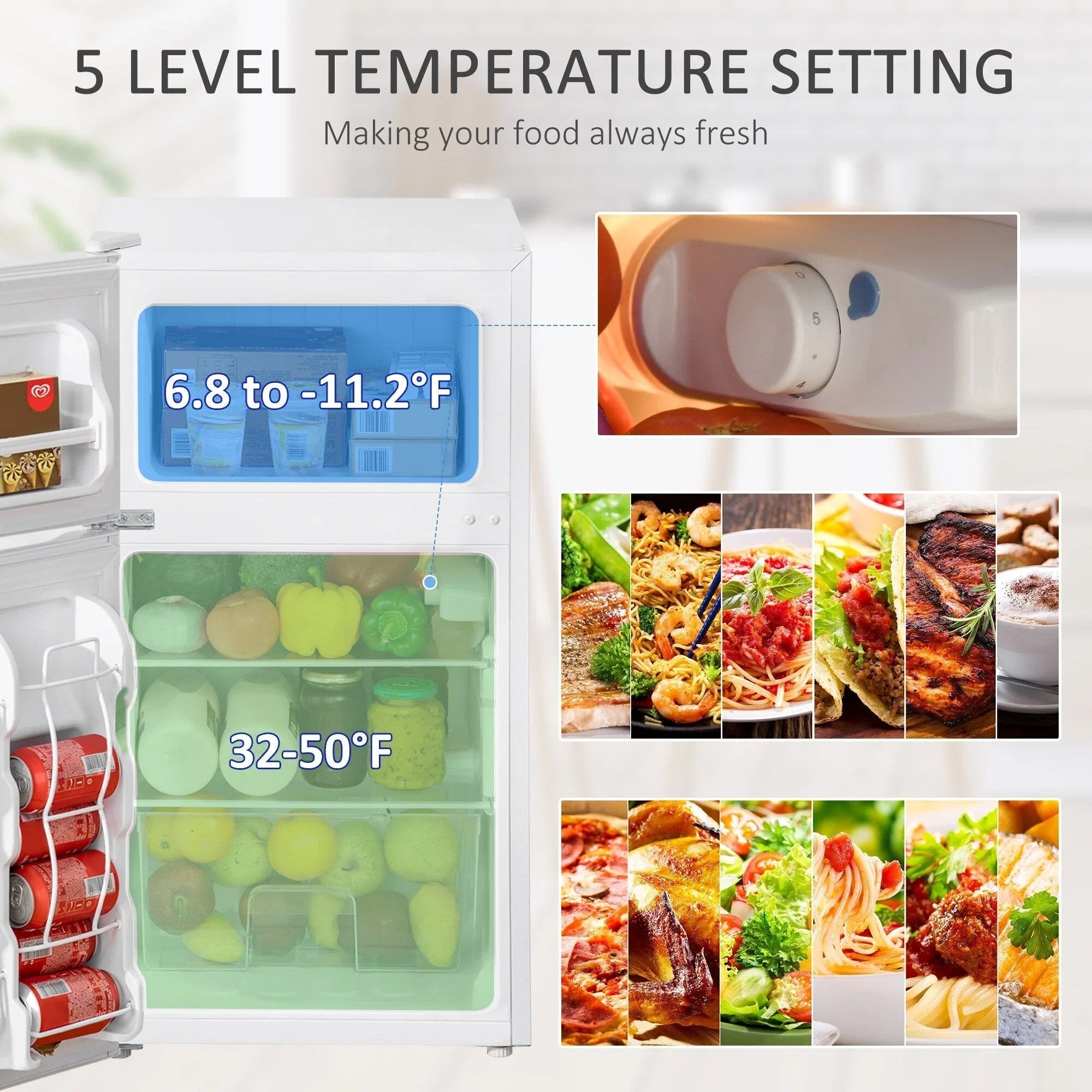 Mini-réfrigérateur HOMCOM à deux portes avec congélateur, réfrigérateur compact de 3,2 pi³ avec étagère réglable, thermostat réglable