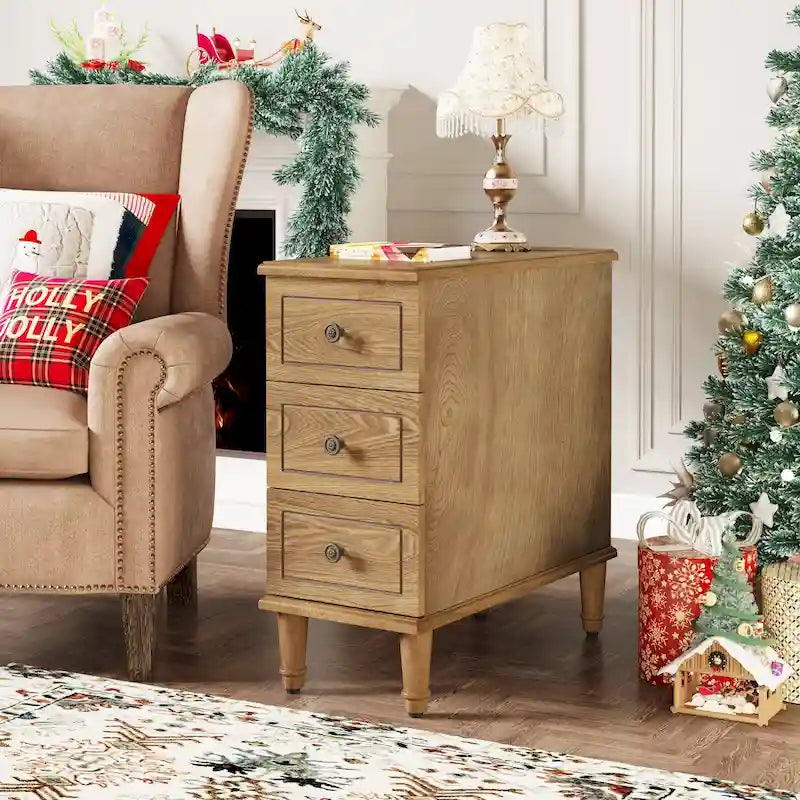 Table d'appoint étroite entièrement assemblée, table d'appoint en bois massif avec 3 tiroirs, table de chevet vintage mince pour petits espaces