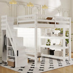 Lit mezzanine simple/double avec escalier de rangement - Étagères, armoire et lumière LED, design peu encombrant