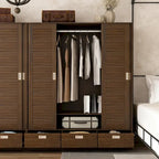 Armoire-penderie marron avec tiroirs, tringle et 4 portes coulissantes