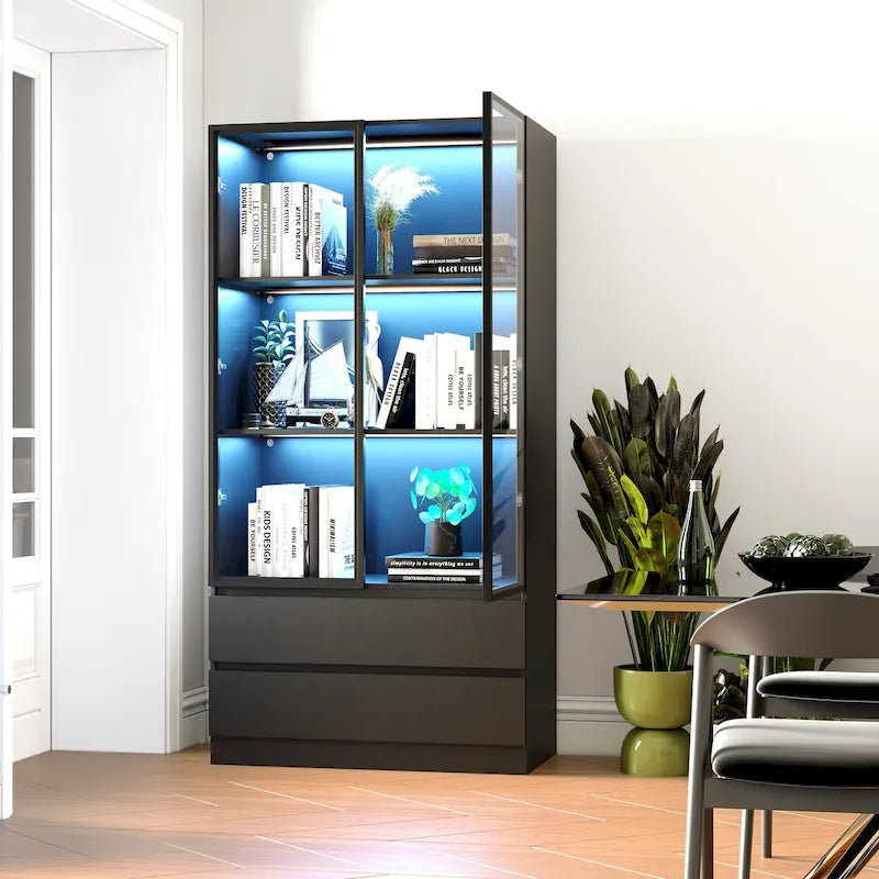 Vitrine de rangement, vitrine avec portes en verre trempé, vitrine avec 4 étagères de rangement