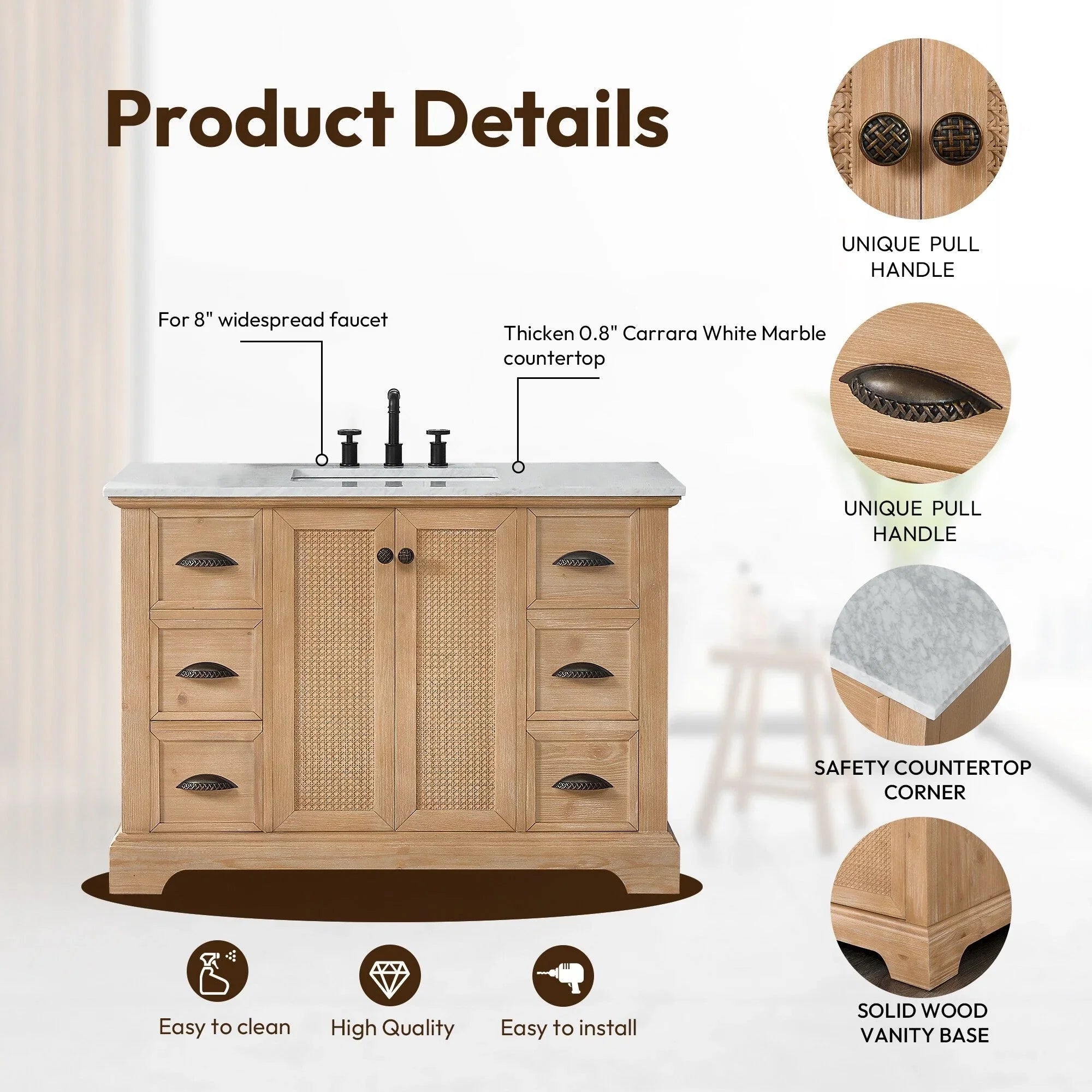 Meuble sous-vasque Hervas avec plateau en marbre naturel, sans miroir