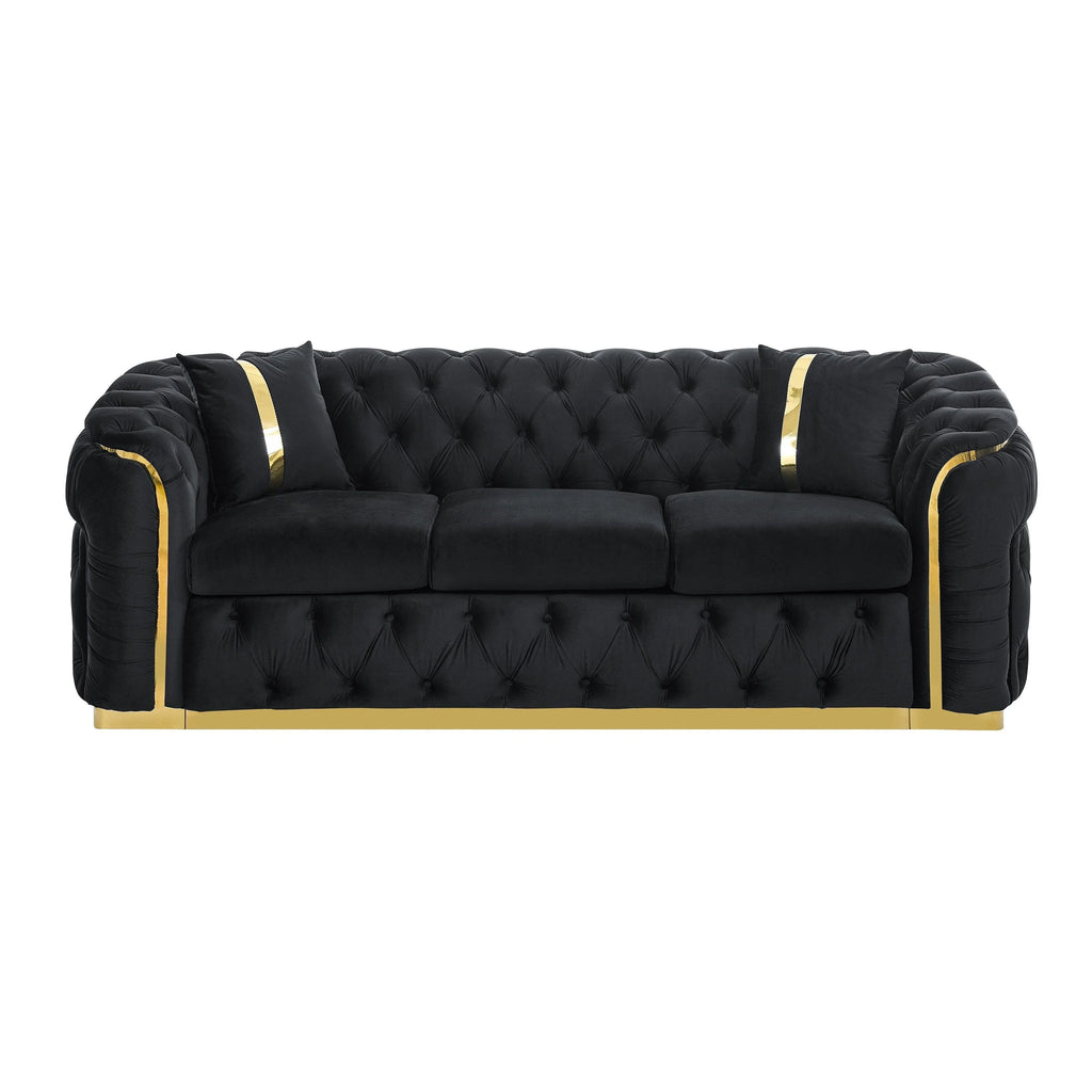 Canapé 3 places Velvet 90,6 po avec 2 oreillers, coussins haute densité, accents dorés et oreillers