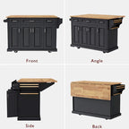 54 Grand îlot de cuisine avec plateau rabattable en bois d'hévéa, chariot de cuisine roulant à texture gaufrée sur 4 roues avec 4 portes et 3 tiroirs