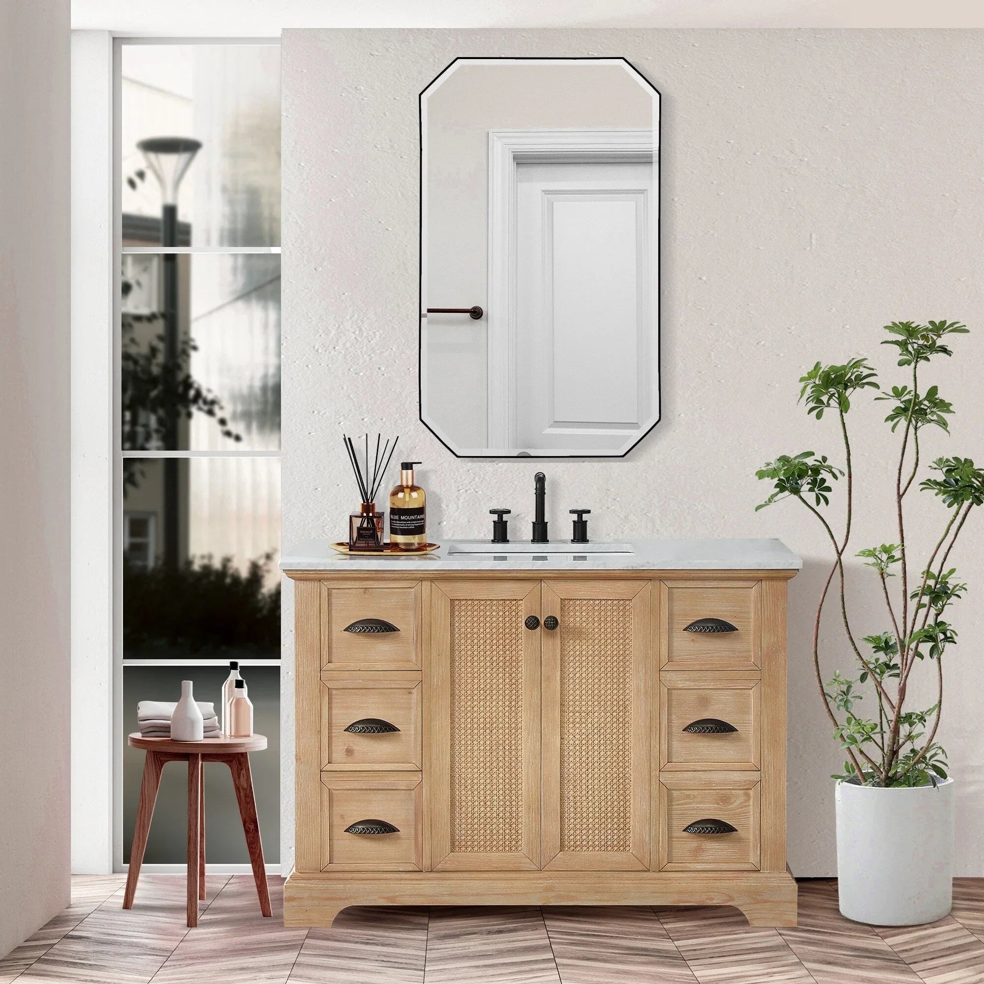 Meuble sous-vasque Hervas avec plateau en marbre naturel, sans miroir