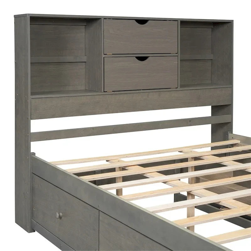 Lit plateforme King Size avec tête de lit de rangement et 8 tiroirs